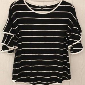 Cable & Gauge Black White Striped Flutter Ruffle Bell Sleeve Blouse Top Size S